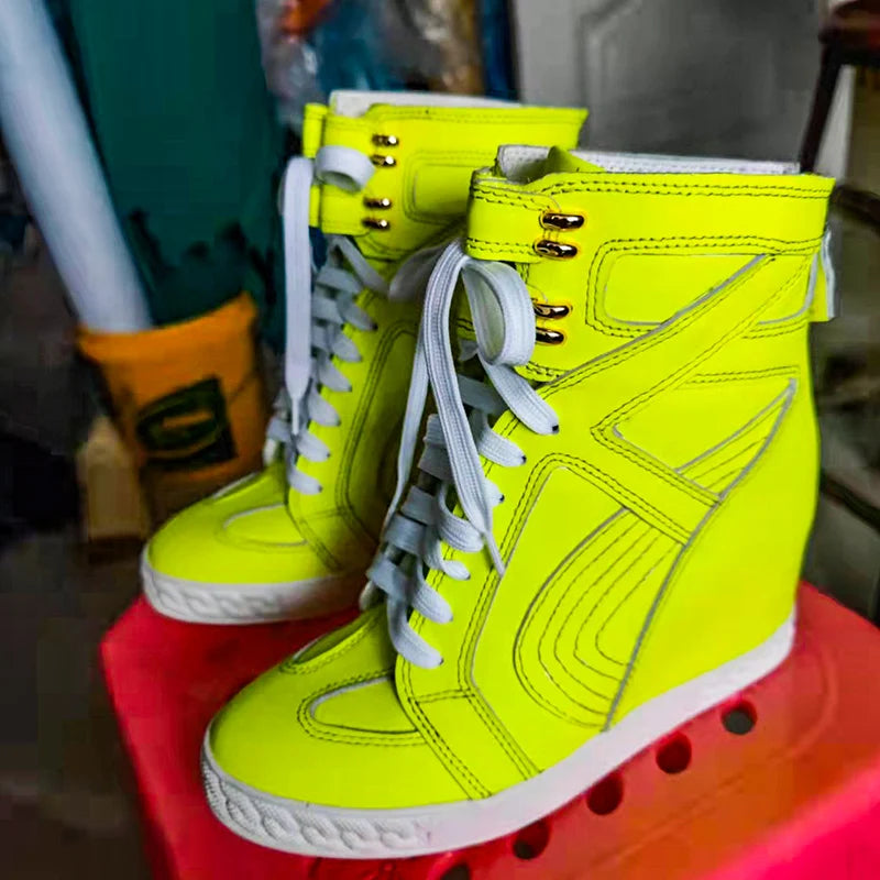 White Punk Style Women Shoes Lace-up heel height 8CM Platform Shoes Woman Real Leather Ankle Rock Boots Patchwork Woman Sneakers