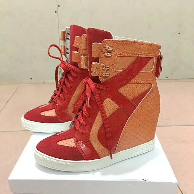White Punk Style Women Shoes Lace-up heel height 8CM Platform Shoes Woman Real Leather Ankle Rock Boots Patchwork Woman Sneakers