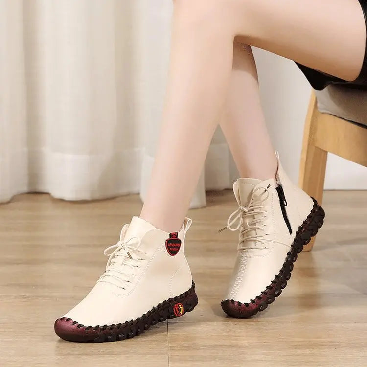 Women Shoes Autumn Loafers Lace Up Sneakers Casual Flats Solid Soft Bottom Boots Leather High-Top Sneaker Female Shoes2024