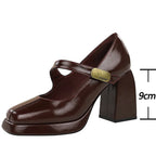 BIGTREE shoes Retro Chunky Women Pumps Block Heel Women Shoes Metal buckle Mid heel Shoes Platform high heels 9 cm Female Shoes