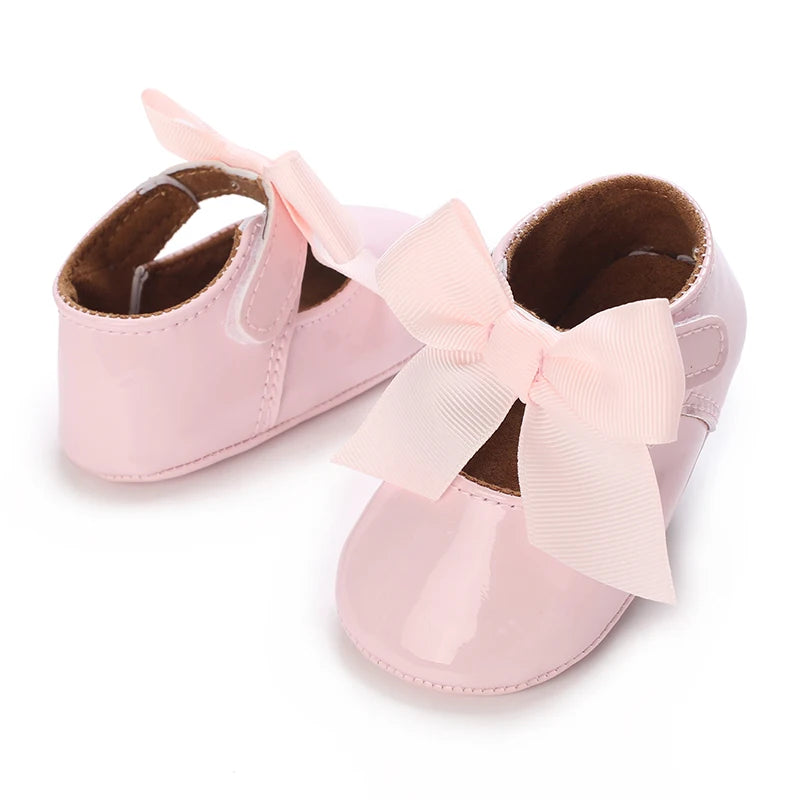 Baby Shoes Bowknot Rubber Sole Anti-slip PU Ballet Slippers Baby Girl Dress Shoes First Walker Toddler Crib Shoes