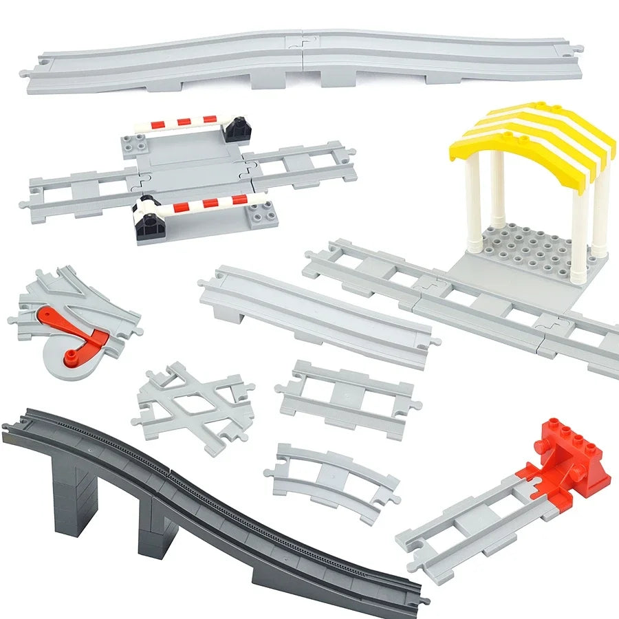 Big Size Track Bricks Train Straight Curved Switch Railway City View  Large Building Bricks Wheel Bridge Toys Compatible Duploes