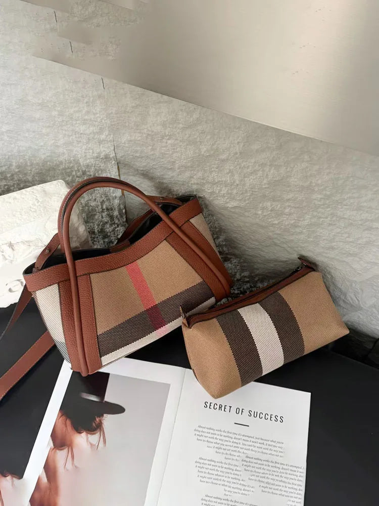 Small Size 30CM Elegant Women Bag Striped Canvas + Cowhide Top Handle Bag Women's Single Shoulder Crossbody Luxury Designer Bag