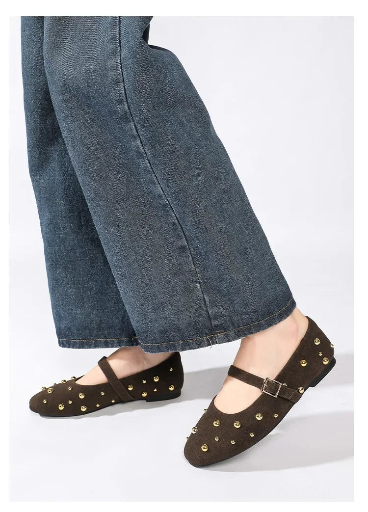 Cool Gold Rivets Design Ballet Flats Women Faux Suede Belt Metal Buckle Low Heel Women Shoes Non-slip Soft Sole Mary Jane Shoes