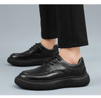 Trendy Men's Leather Shoes British Style Thick Bottom Casual Low Help Lace up Heightening Black Loafers Breathable Shoes