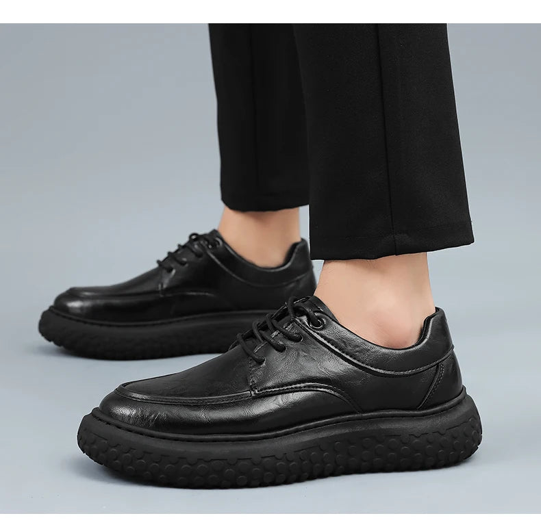 Trendy Men's Leather Shoes British Style Thick Bottom Casual Low Help Lace up Heightening Black Loafers Breathable Shoes