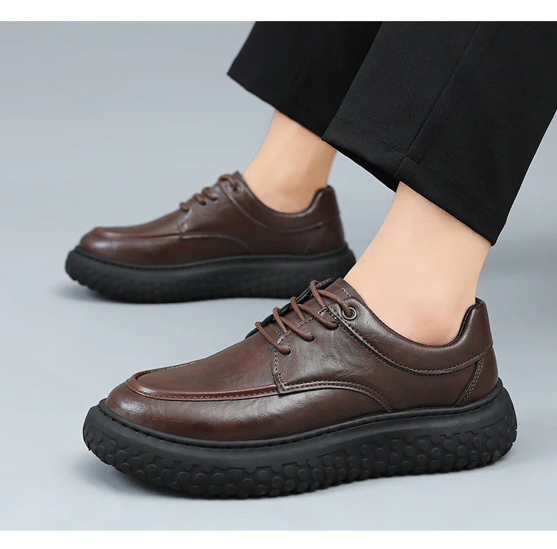 Trendy Men's Leather Shoes British Style Thick Bottom Casual Low Help Lace up Heightening Black Loafers Breathable Shoes