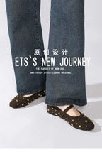 Cool Gold Rivets Design Ballet Flats Women Faux Suede Belt Metal Buckle Low Heel Women Shoes Non-slip Soft Sole Mary Jane Shoes