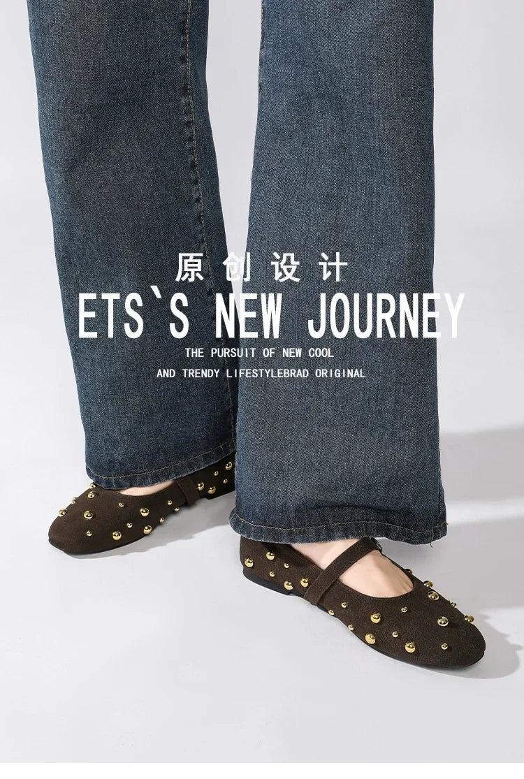 Cool Gold Rivets Design Ballet Flats Women Faux Suede Belt Metal Buckle Low Heel Women Shoes Non-slip Soft Sole Mary Jane Shoes
