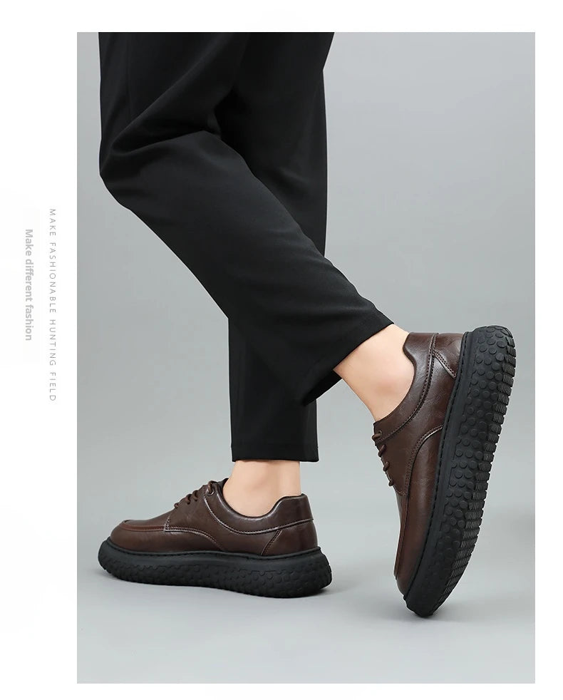Trendy Men's Leather Shoes British Style Thick Bottom Casual Low Help Lace up Heightening Black Loafers Breathable Shoes