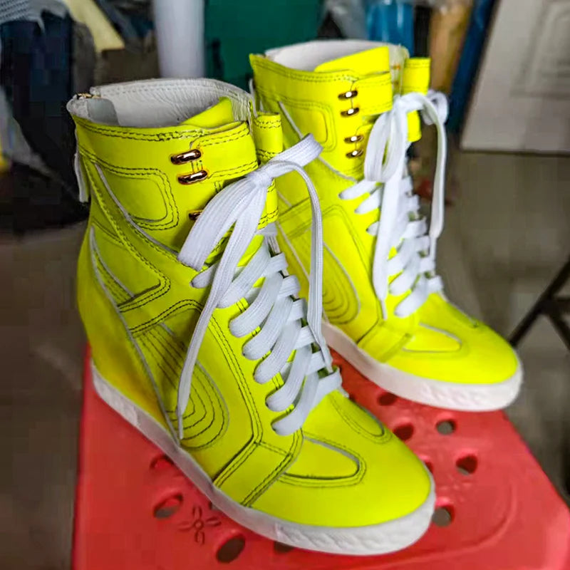 White Punk Style Women Shoes Lace-up heel height 8CM Platform Shoes Woman Real Leather Ankle Rock Boots Patchwork Woman Sneakers
