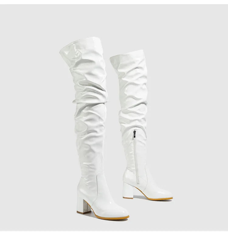 New Women's Long Boots Patent Leather Over The Knee Boots Sexy Womens Pumps Fashion Thick Heels Women Shoes Zlp Zapatos De Mujer
