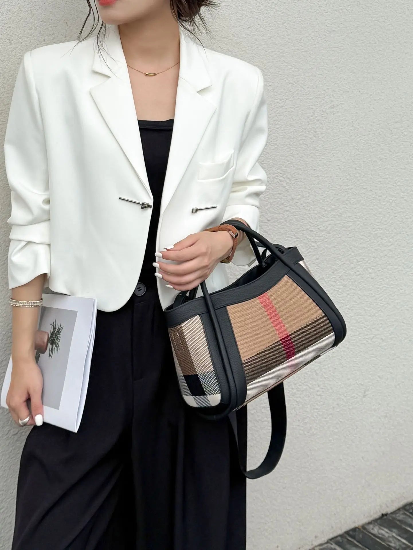 Small Size 30CM Elegant Women Bag Striped Canvas + Cowhide Top Handle Bag Women's Single Shoulder Crossbody Luxury Designer Bag