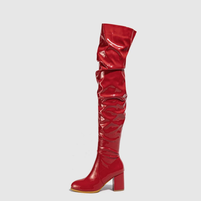 New Women's Long Boots Patent Leather Over The Knee Boots Sexy Womens Pumps Fashion Thick Heels Women Shoes Zlp Zapatos De Mujer