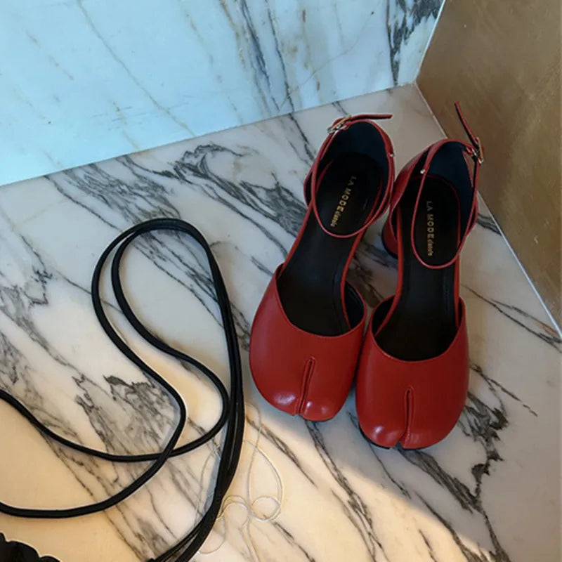 Bailamos Fashion Tabi Ninja Women Shoes Round Split Toe Shallow Thick Heel Sandals Mid Heel Mary Janes Shoes Female Pumps Mujer