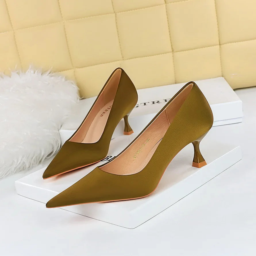 BIGTREE Shoes Kitten Heels 5.5 Cm Women Pumps Silks Satins Lady Heels Fashion Women Shoes Low Heel Female Shoes Large Size 43