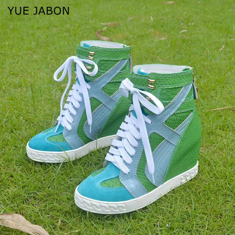 White Punk Style Women Shoes Lace-up heel height 8CM Platform Shoes Woman Real Leather Ankle Rock Boots Patchwork Woman Sneakers