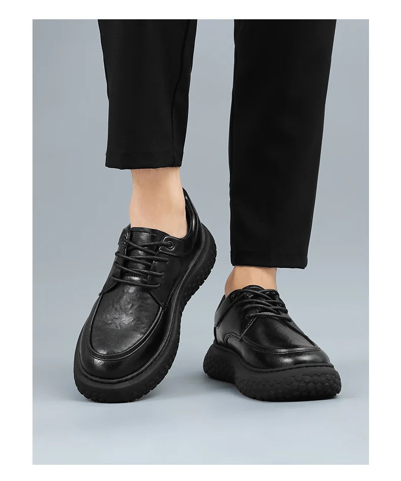 Trendy Men's Leather Shoes British Style Thick Bottom Casual Low Help Lace up Heightening Black Loafers Breathable Shoes