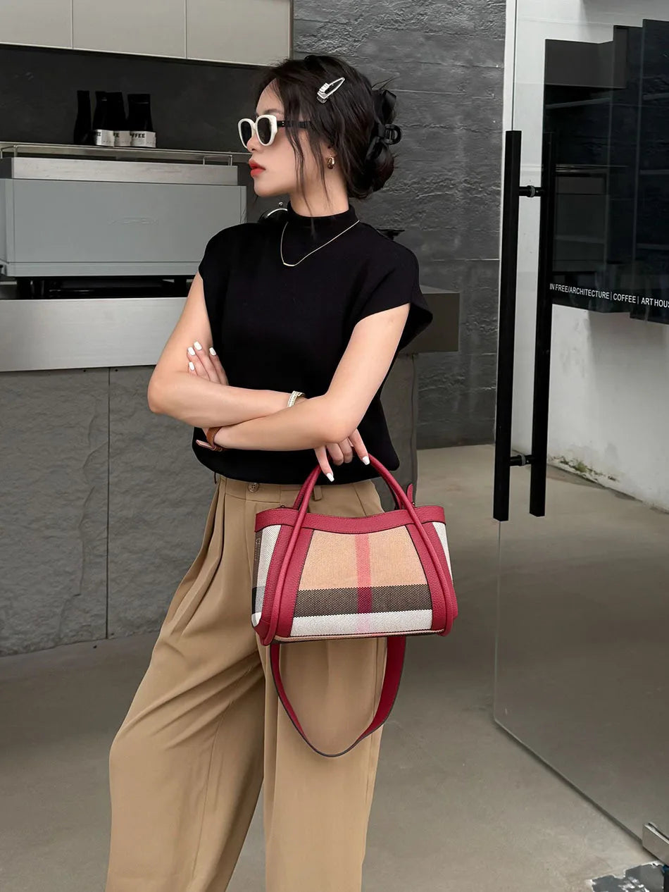 Small Size 30CM Elegant Women Bag Striped Canvas + Cowhide Top Handle Bag Women's Single Shoulder Crossbody Luxury Designer Bag
