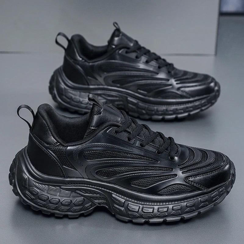 Men's Thick-soled Sports Running Shoes with A Breathable Mesh and Laced Solid Color Simple Design Spring and Summer Flat Shoes