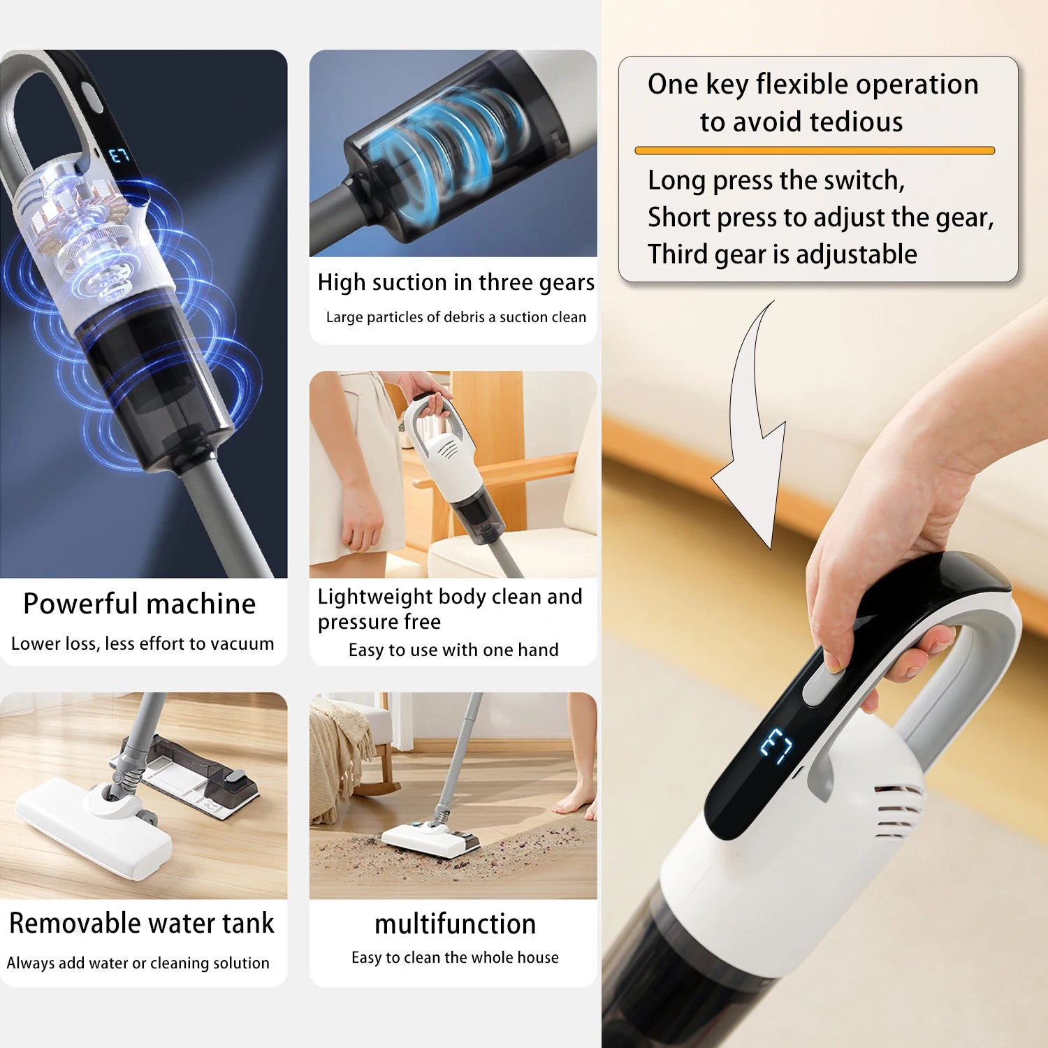 Wireless vacuum & mopping combo with 3 adjustable modes for deep cleaning in various scenarios, easily keeping your home clean.