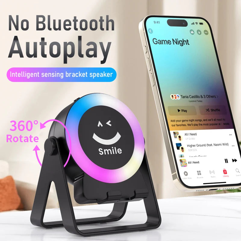 New Cell Phone Holder Stand With Bluetooth 4 IN 1 Wireless Induction Audio Speaker 360° Rotation Stand with LED