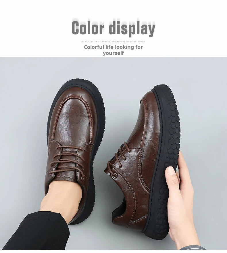 Trendy Men's Leather Shoes British Style Thick Bottom Casual Low Help Lace up Heightening Black Loafers Breathable Shoes