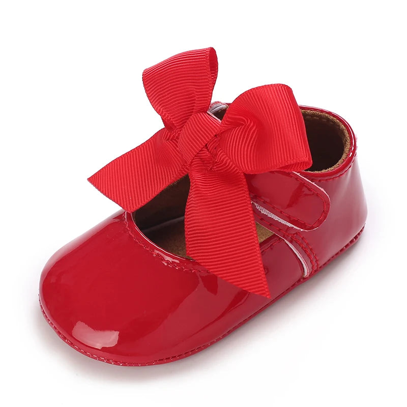 Baby Shoes Bowknot Rubber Sole Anti-slip PU Ballet Slippers Baby Girl Dress Shoes First Walker Toddler Crib Shoes