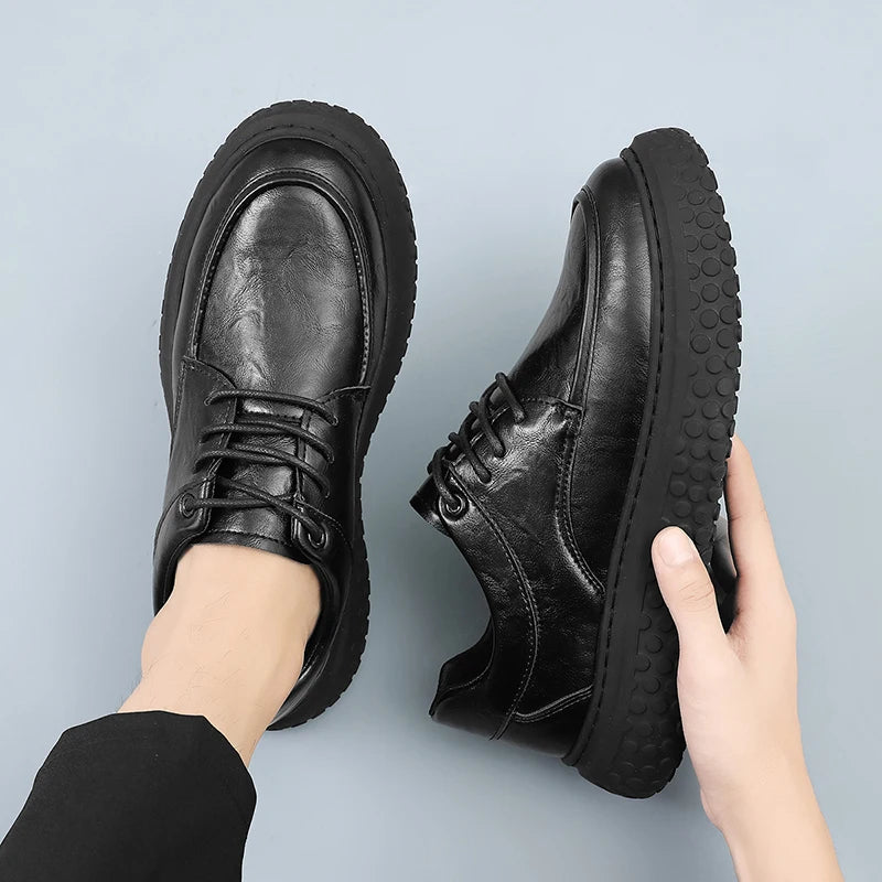 Trendy Men's Leather Shoes British Style Thick Bottom Casual Low Help Lace up Heightening Black Loafers Breathable Shoes