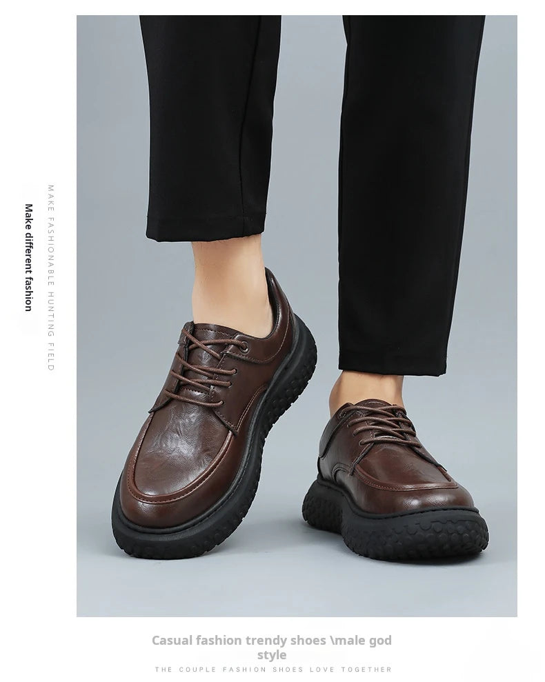 Trendy Men's Leather Shoes British Style Thick Bottom Casual Low Help Lace up Heightening Black Loafers Breathable Shoes