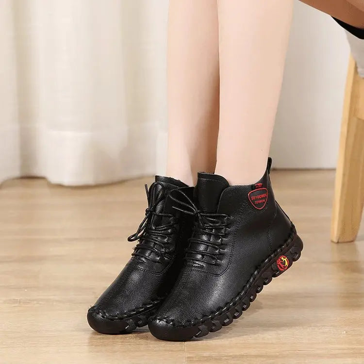 Women Shoes Autumn Loafers Lace Up Sneakers Casual Flats Solid Soft Bottom Boots Leather High-Top Sneaker Female Shoes2024