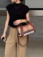 Small Size 30CM Elegant Women Bag Striped Canvas + Cowhide Top Handle Bag Women's Single Shoulder Crossbody Luxury Designer Bag