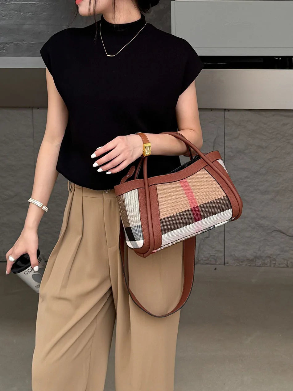Small Size 30CM Elegant Women Bag Striped Canvas + Cowhide Top Handle Bag Women's Single Shoulder Crossbody Luxury Designer Bag
