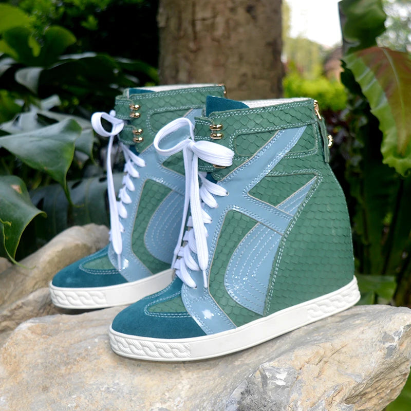 White Punk Style Women Shoes Lace-up heel height 8CM Platform Shoes Woman Real Leather Ankle Rock Boots Patchwork Woman Sneakers