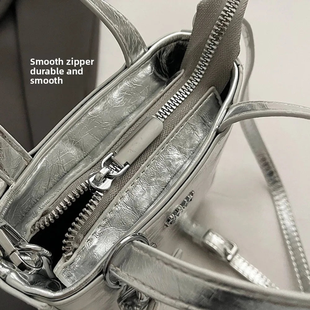 Korean Women Bag Silver Mini Small Square Bag Texture Vogue Versatile Shoulder Purses Crossbody Bag Lady Handbags