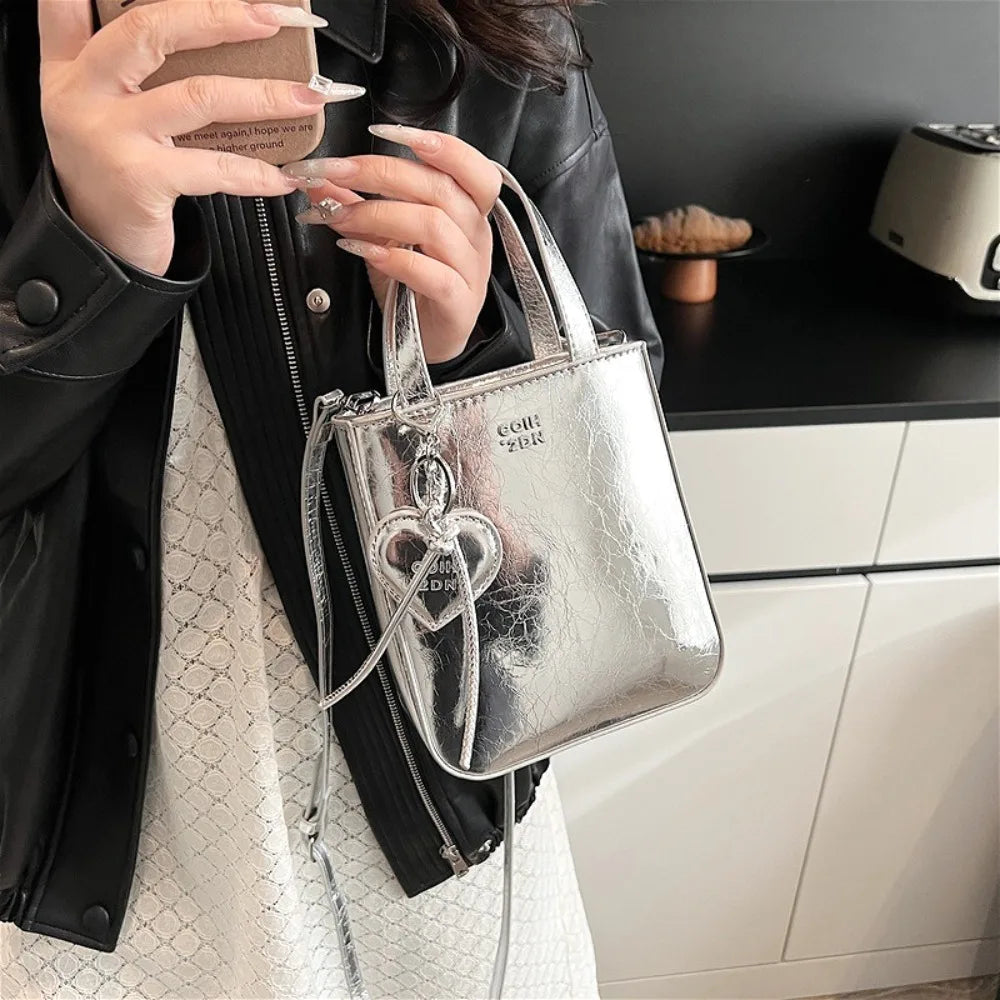 Korean Women Bag Silver Mini Small Square Bag Texture Vogue Versatile Shoulder Purses Crossbody Bag Lady Handbags