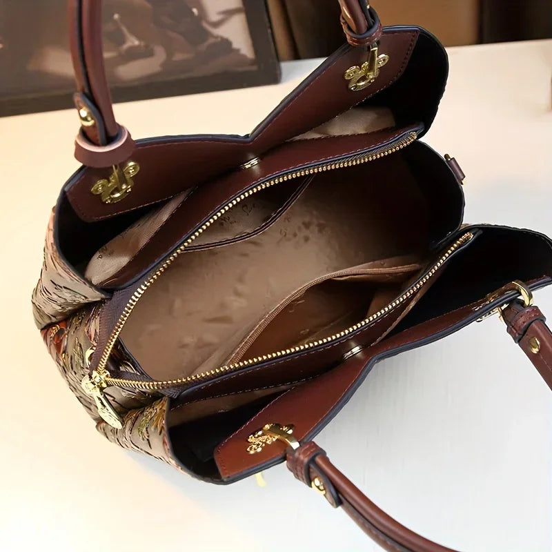 Light Luxury PU Leather Tote Bag Large Capacity Crossbody Women Bag Fashion Vintage Flower Pattern Purse and Handbag