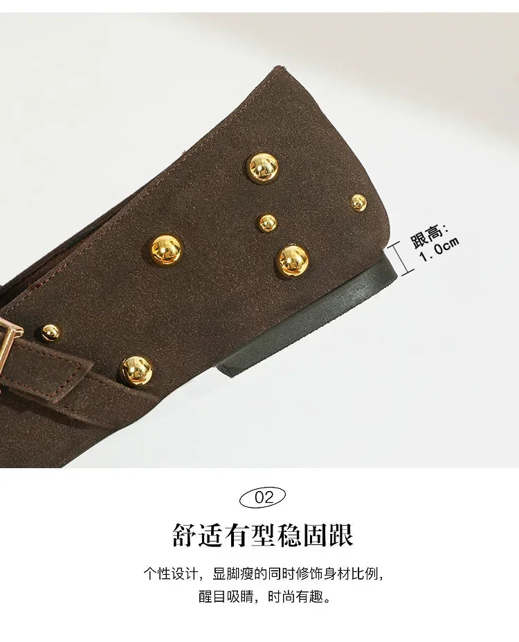 Cool Gold Rivets Design Ballet Flats Women Faux Suede Belt Metal Buckle Low Heel Women Shoes Non-slip Soft Sole Mary Jane Shoes