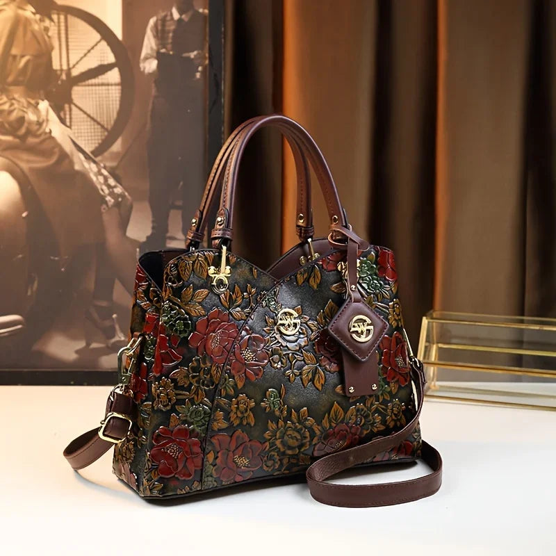 Light Luxury PU Leather Tote Bag Large Capacity Crossbody Women Bag Fashion Vintage Flower Pattern Purse and Handbag