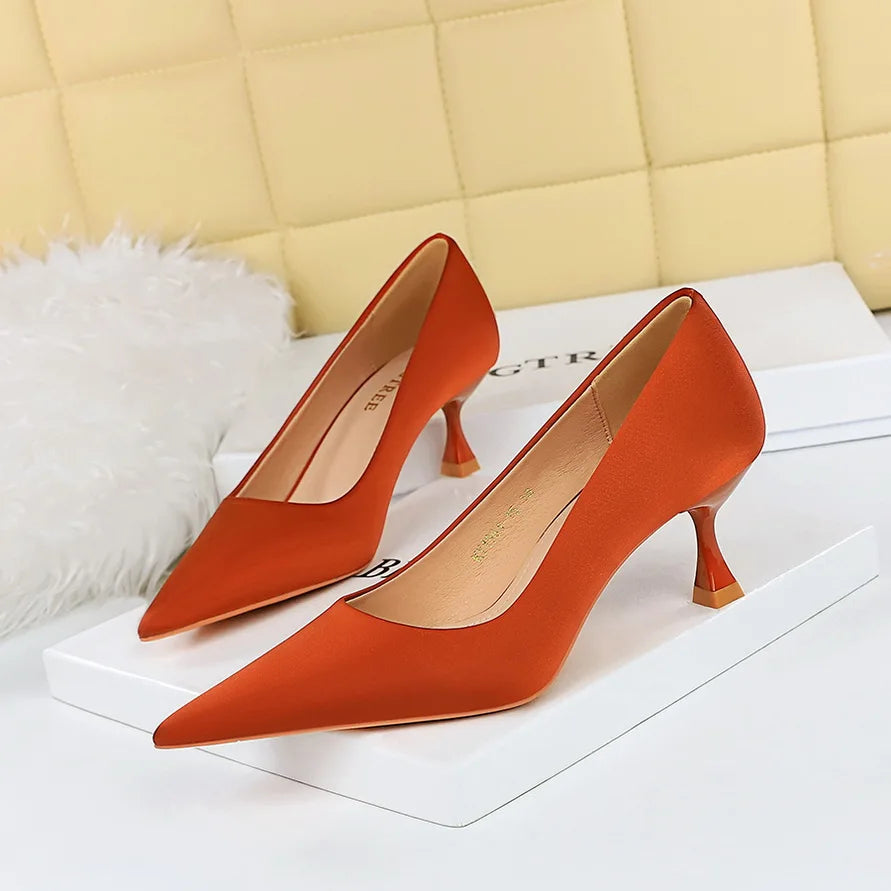 BIGTREE Shoes Kitten Heels 5.5 Cm Women Pumps Silks Satins Lady Heels Fashion Women Shoes Low Heel Female Shoes Large Size 43