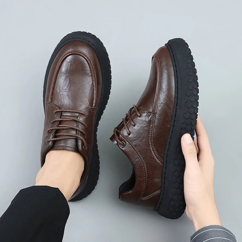 Trendy Men's Leather Shoes British Style Thick Bottom Casual Low Help Lace up Heightening Black Loafers Breathable Shoes