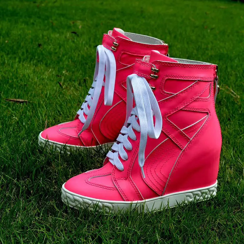 White Punk Style Women Shoes Lace-up heel height 8CM Platform Shoes Woman Real Leather Ankle Rock Boots Patchwork Woman Sneakers