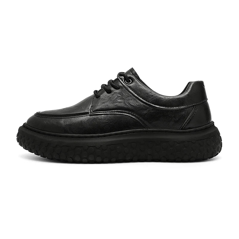 Trendy Men's Leather Shoes British Style Thick Bottom Casual Low Help Lace up Heightening Black Loafers Breathable Shoes