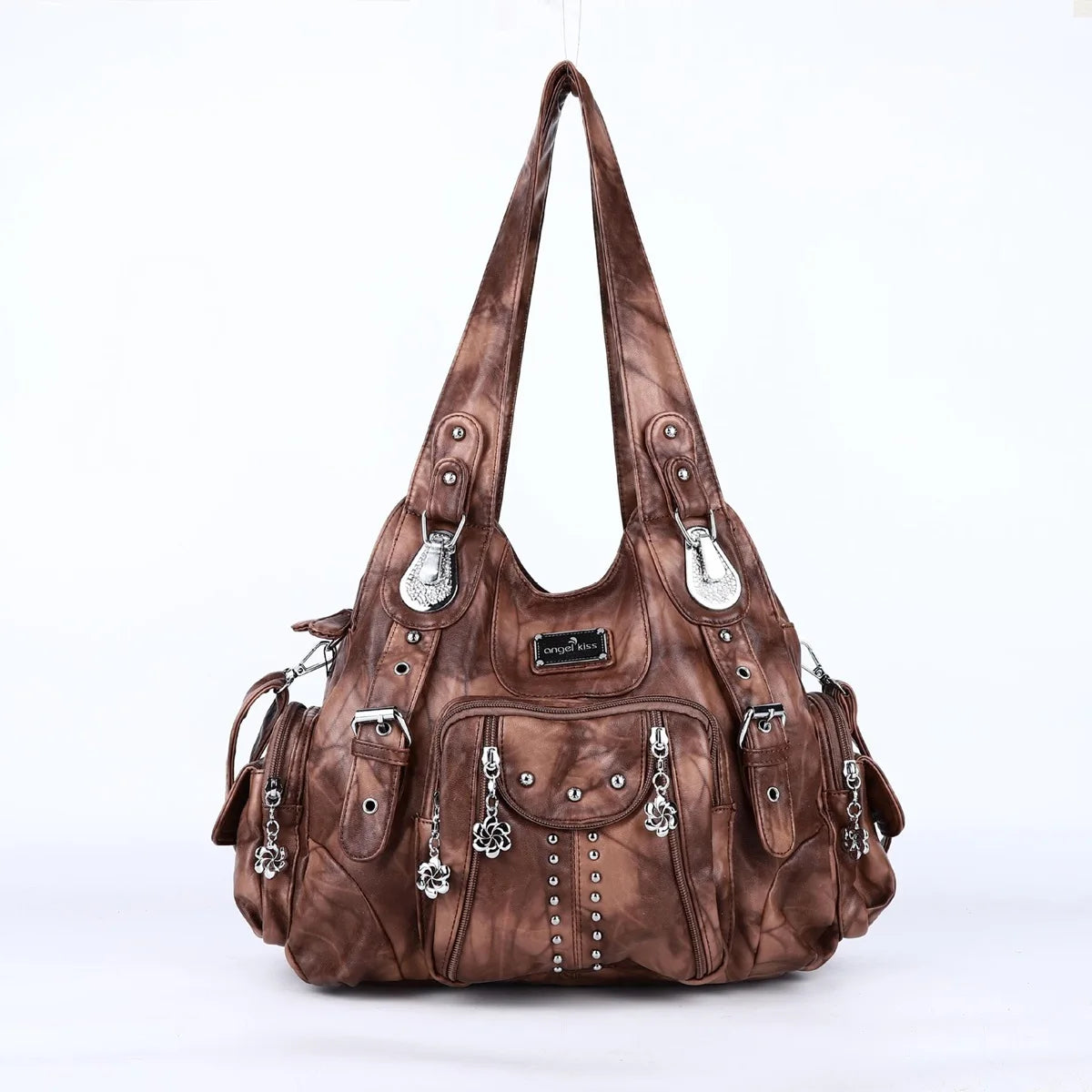Angelkiss Women Bag Large Handbags Satchel Top-handle PU Shoulder Bag Vintage Dumpling Pack Multi-pockets Shoulder Bags Purse