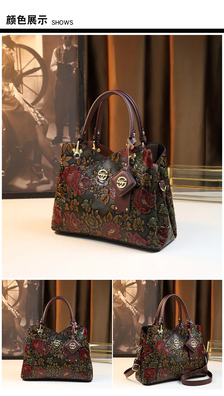 Light Luxury PU Leather Tote Bag Large Capacity Crossbody Women Bag Fashion Vintage Flower Pattern Purse and Handbag