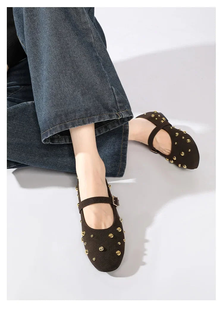 Cool Gold Rivets Design Ballet Flats Women Faux Suede Belt Metal Buckle Low Heel Women Shoes Non-slip Soft Sole Mary Jane Shoes