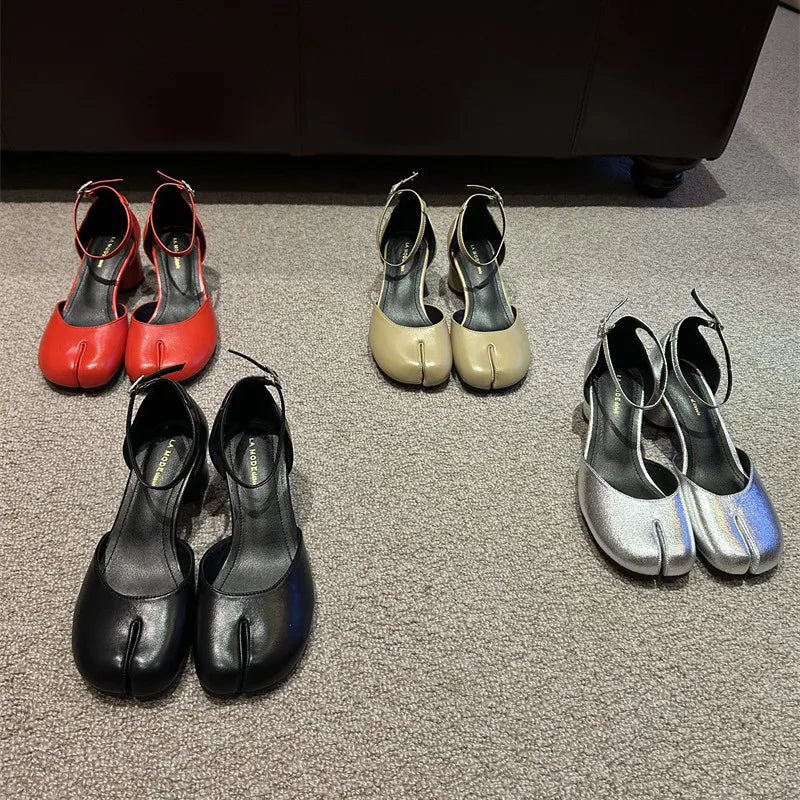 Bailamos Fashion Tabi Ninja Women Shoes Round Split Toe Shallow Thick Heel Sandals Mid Heel Mary Janes Shoes Female Pumps Mujer