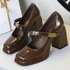 BIGTREE shoes Retro Chunky Women Pumps Block Heel Women Shoes Metal buckle Mid heel Shoes Platform high heels 9 cm Female Shoes
