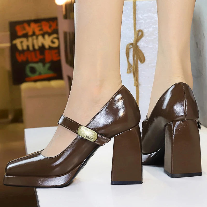 BIGTREE shoes Retro Chunky Women Pumps Block Heel Women Shoes Metal buckle Mid heel Shoes Platform high heels 9 cm Female Shoes