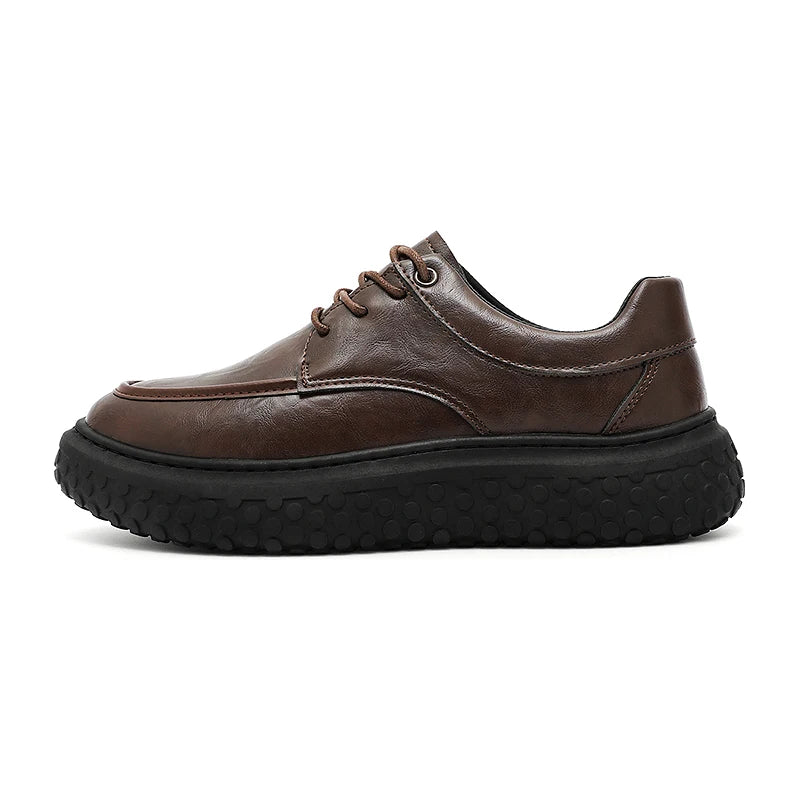 Trendy Men's Leather Shoes British Style Thick Bottom Casual Low Help Lace up Heightening Black Loafers Breathable Shoes